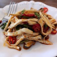 Hand Shredded king oyster mushrooms. Spicy!! at Tofu Vegan - Islington in North London