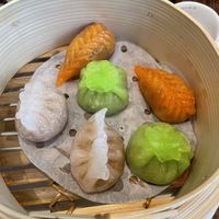 Assorted dim sum. White one contains chilli, others are mushroom  at Tofu Vegan - Islington in North London