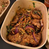 Vegan spicy lamb with onions and coriander  at Tofu Vegan - Islington in North London