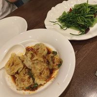 Spicy wantons and morning glory style greens  at Tofu Vegan - Islington in North London