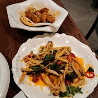 King Oyster Salad (yum!!!!) and dumplings in chef's special sauce at Tofu Vegan - Islington in North London