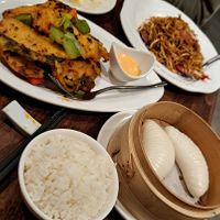 Twice cooked 'fish', lotus buns, fried noodles at Tofu Vegan - Islington in North London