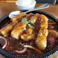 'Sizzling tofu in house special sauce' with rice & spicy (£13.80) at Tofu Vegan - Islington in North London