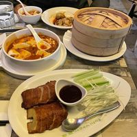 Duck and pancakes (foreground) at Tofu Vegan - Islington in North London