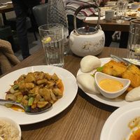 Gong bao chicken on the left and the twice cooked fisc on the right! Sooo fish like and fun to fill the buns yourself  at Tofu Vegan - Islington in North London