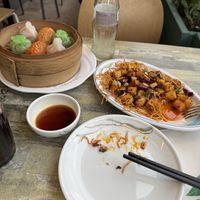 dim sum sampler and crispy tofu and sweet potato  at Tofu Vegan - Islington in North London