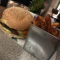Burger and sweet potato fries  at Powerplant in North West London