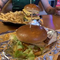 Buffalo “chicken” sandwich and the double burger   at Wizard Burger in Albany