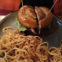 Lentil burger with onion strings at The Chop Shop in Butler