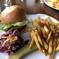 Mushroom and beetroot burger with slaw and hand cut chips at The Flying Stag in Ballater