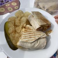 Full meal - mac wrap w chips/pickle at Take Two Cafe in Schenectady