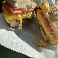 Breakfast sandwich with tomato and egg and sausage and cream cheese #Veganuary at Take Two Cafe in Schenectady