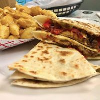 Chicken fajita quesadilla (on special) with mac and cheese  at Take Two Cafe in Schenectady