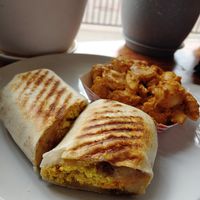 Breakfast burrito and macaroni cheese - really good crisp on the burrito, by the way. at Take Two Cafe in Schenectady