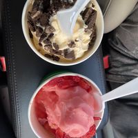 Cake batter soft serve with Oreos and fruit punch sorbet with strawberries  at Beach Treats Ice Cream and Frozen Yogurt in Myrtle Beach