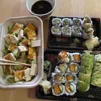 Tofu salad, ivy roll, vegetable tempura roll, and asparagus tempura roll ! at Tora Sushi Lounge in Tillamook