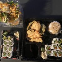 Our option for a dinner combination - I chose two salads since we can’t eat the soup, the two veggie rolls listed as options, and then asked for tempura veggies minus the shrimp. at Tora Sushi Lounge in Tillamook