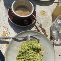 avo toast and oat cappuccino  at Kaffee Frech in Zug