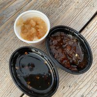 Condiments: spicy Indonesian soy sauce that came with the saoto, spicy chutney and Surinamese sambal. at Geeta's Keukentje in Goes