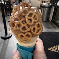 Vanilla soft serve with cookie batter and pretzels   at Simons Says Dip This in Durham