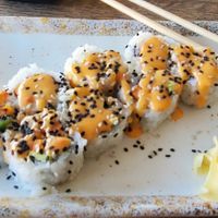 Vegan Harvest Roll w/bang bang sauce, fresh shaved ginger & wasabi at Blockhead Beerworks in Valparaiso