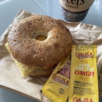 Everything Plant-Based Sandwich with hot sauce and delicious house coffee 😃  at Peet's Coffee - 8th St in Chicago