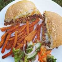 Vegan burger and sweet potatoes fries at Membawang Corner in Langkawi