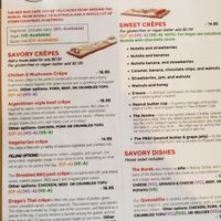 Sweet and savory crepe dishes and savory mains menu at Red Bud Cafe in Daytona Beach