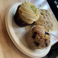 Blueberry muffin, focaccia, lemon cupcake   at New Moon Vegan in Batavia