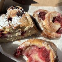 Raspberry sweet rolls and blackberry cake  at New Moon Vegan in Batavia