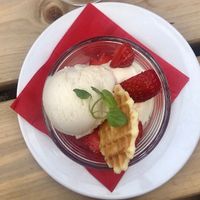 Elderflower sorbet and vanilla ice cream at The Old Thatched Inn in Buckingham