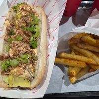 Annie Mac hotdog and fries at Fat Annie's in Leeds