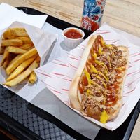 V frank hot dog and fries at Fat Annie's in Leeds
