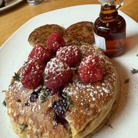 Oatmilk vegan pancakes and maple vegan sausage for the win!  at Silver in Chevy Chase