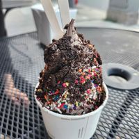 Chocolate soft serve sundae w oreo and rainbow sprinkles. at Cold Truth in Detroit