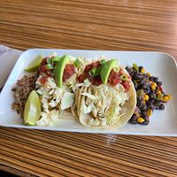 Tempeh vegan tacos with black bean salad and purple rice at Astoria Coffeehouse & Bistro in Astoria