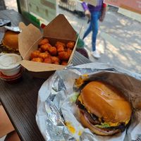 60/40 patty with tots at Fat Boy's Vegan Burgers in Brooklyn
