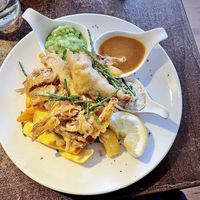 Delicious vegan fish and chips  at The Mote in Port Isaac