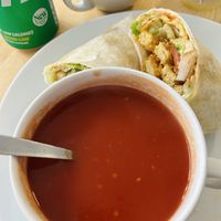 Spicy tomato soup and vg chicken salad wrap  at Preacher's Patisserie in Edinburgh