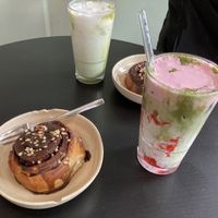 Hazelnut chocolate bun and matcha strawberry cream drink, both vegan 💚  at Calm Coffee in Berlin