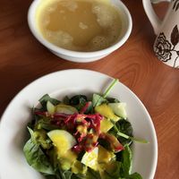 Starter soup and salad with the lunch platee  at Good Karma Cafe in Gulfport