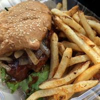 BBQ “Fried Chicken” Sandwich with seasoned fries   at Sweet Basil's Cafe in Livingston