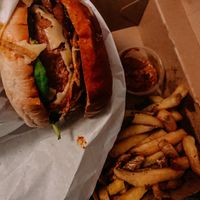 Vegan meatless bacon burger with rosemary chips at Honest Burgers in South East London
