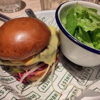 Vegan burger and salad at Honest Burgers in South East London
