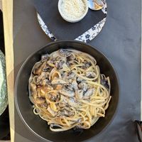 Linguine with Vegan Cream and Mushroom with vegan cheesee  at Artisti in Corfu