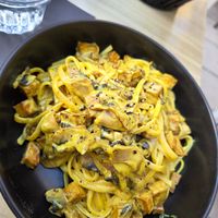 Vegan carbonara with smoked tofu and mushrooms at Artisti in Corfu