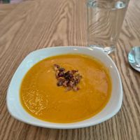 Cream of Apple and Carrot soup with roasted Walnuts at Sattva Vegan in Vienna