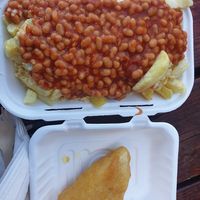 Vegan cheese, beans and chips, Vegan Haloumi Fry at Beachcliff Fish & Chips in Penarth