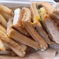 Waffle Chick’n Sandwich had me floating in the clouds. Sweet soft waffle with savory almond chipotle sauce, dairy free cheddar and a lightly breaded perfectly textured Chick’n. at Lokales in Bayamon