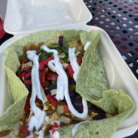Burrito bowl (vegan ingredients: refried beans, veggies, vegan sour cream and queso, tortilla chips, in a spinach tortilla)  at Unity Taqueria in Philadelphia